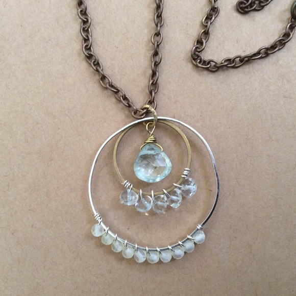 Handcrafted Sundance charm natural aquamarine lemon quartz brass necklace 30” - Picture 7 of 9